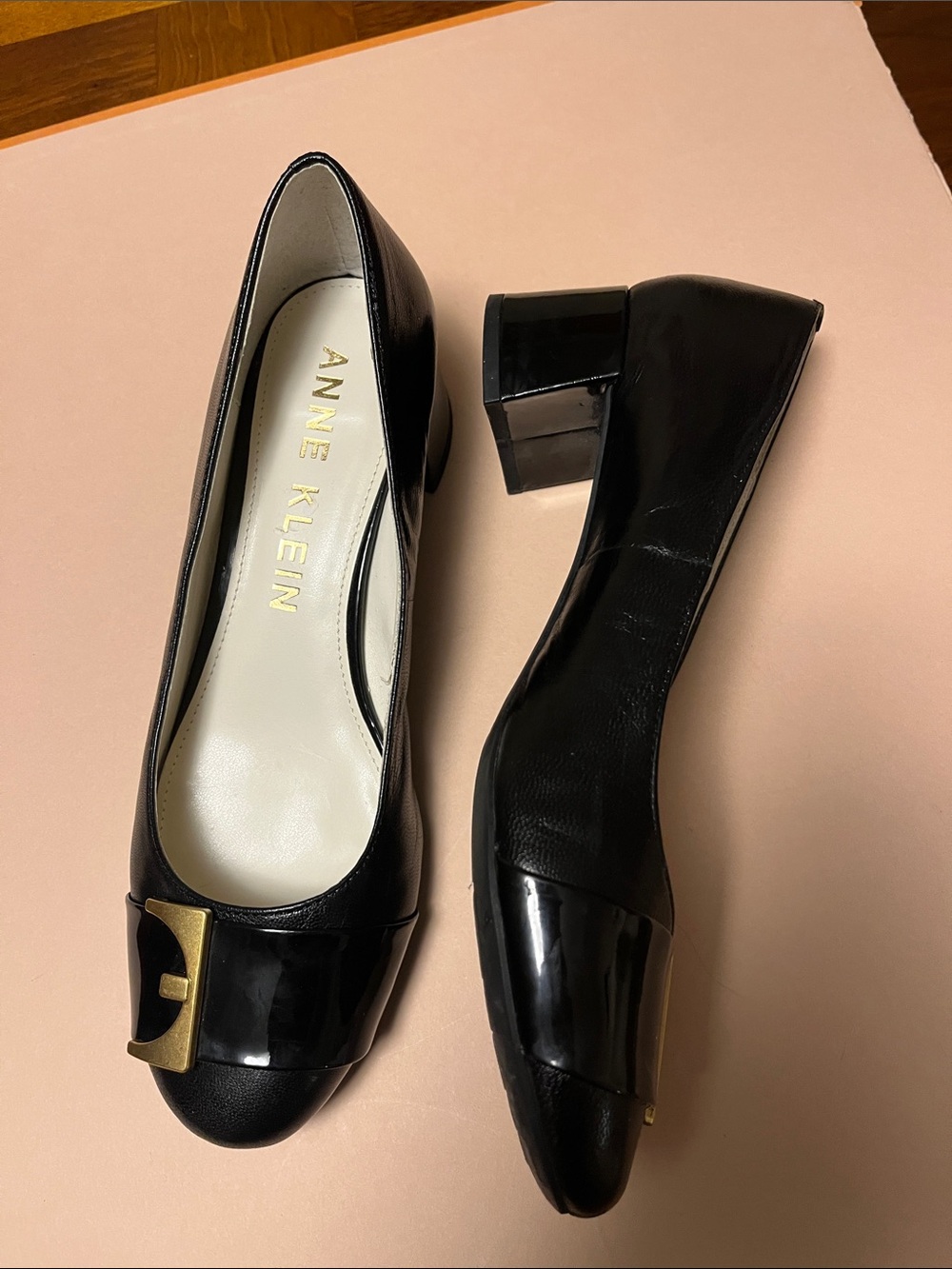 Anne Klein Black  Leather upper Block Heel pumps with Gold Buckle, size 9